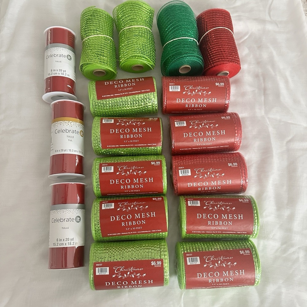 Deco Mesh Ribbon Bundle 5.5 in X 30 ft, Christmas, 10 New, 4 Used, 3 Rolls Tulle